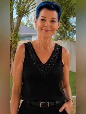 Garnet Hill Black Silk Blend Sequin V-Neck Sleeveless Knit Tank Top Size S